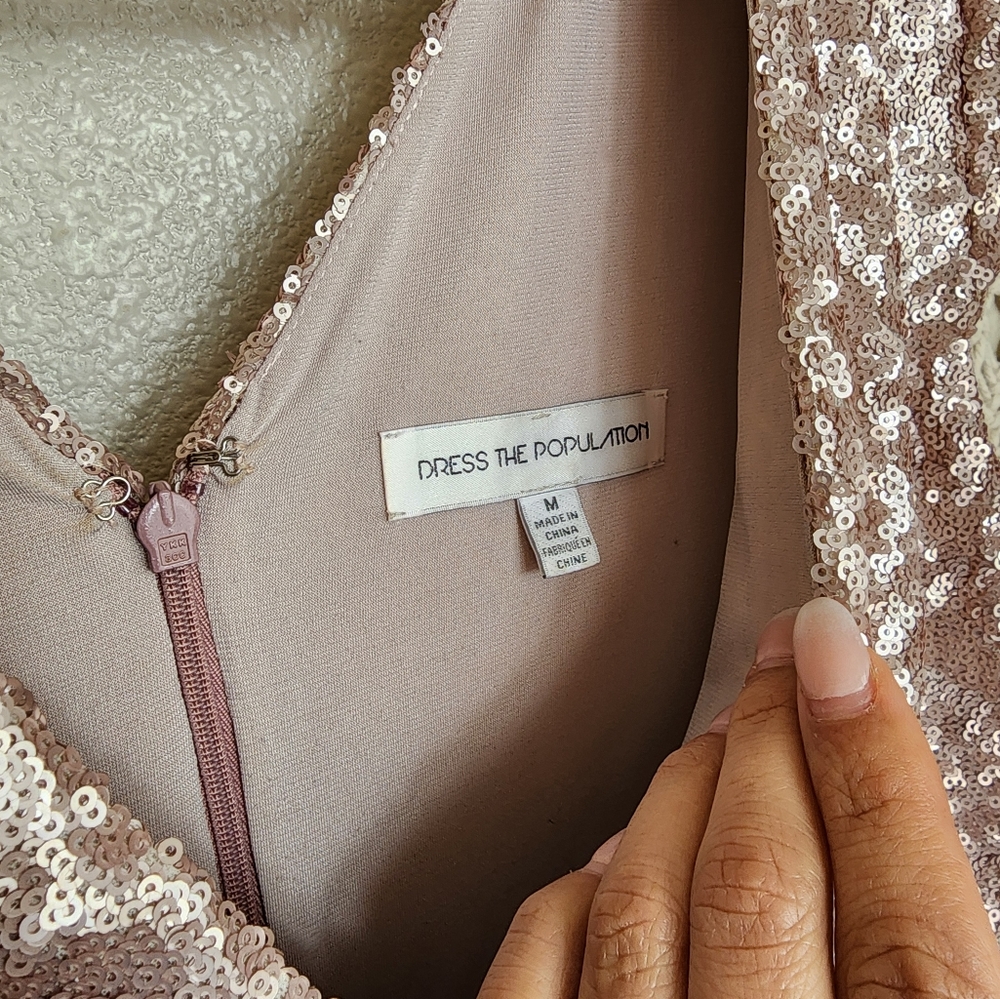 Dress The Population Zoe Sequin Dress In Taupe - Picture 8 of 12